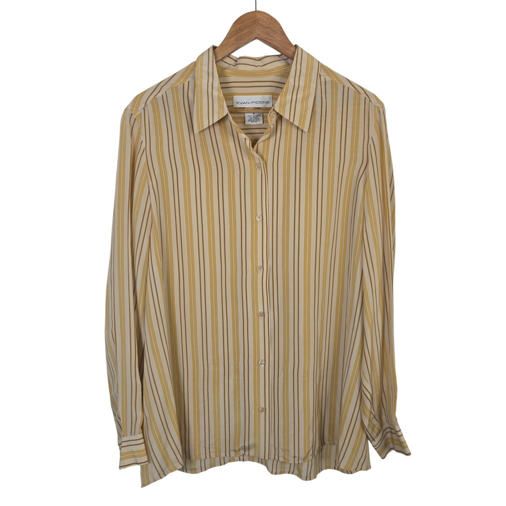 Evan-Picone Womens 16 Yellow Striped 100% Silk Button Up Long Sleeve Blouse